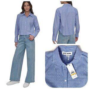NWT DKNY Studded Rhinestone Striped Poplin Cotton Long-Sleeve Button-Front Shirt